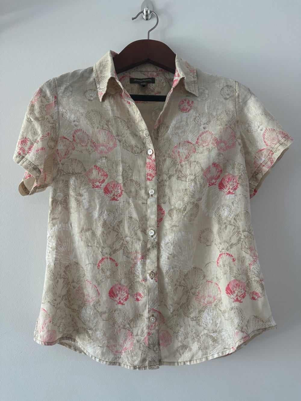 Tommy Bahama Beige Button-Down Shirt with Pink Shell Print
